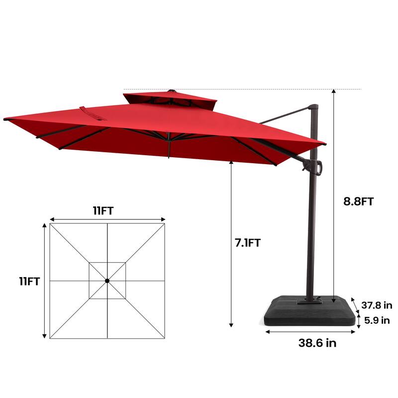 Pellebant 11 ft Patio Cantilever Offset Umbrella Double Top with Base