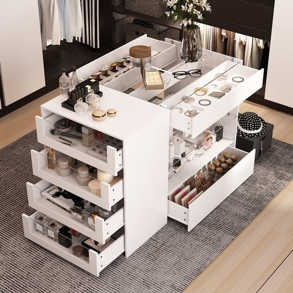White Dresser Island Modern Bedroom Storage w/Tempered Glass Detailing ...