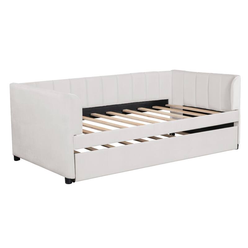 Twin Size Upholstered Daybed with Ergonomic Design Backrest and Trundle