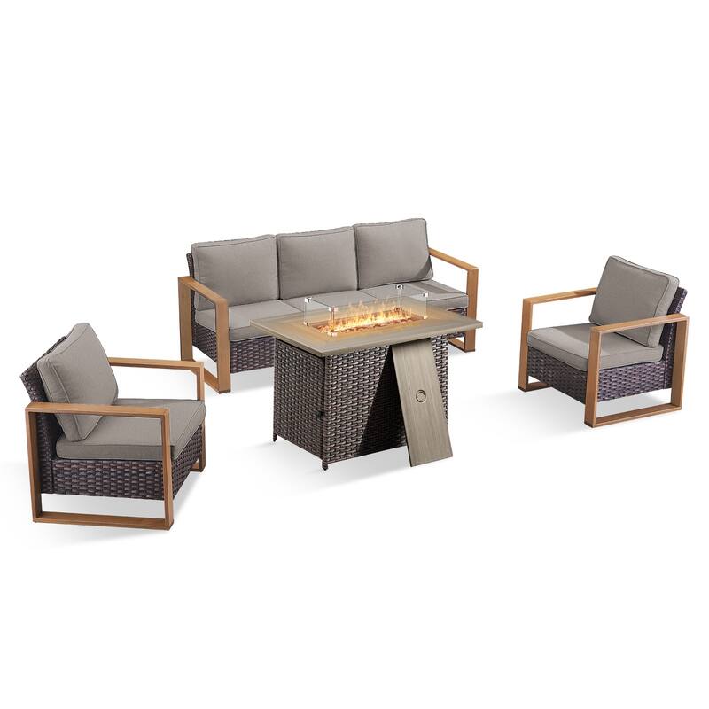 Pocassy 4 Pieces Outdoor Sofa Patio Chair with Fire Pit Table Set