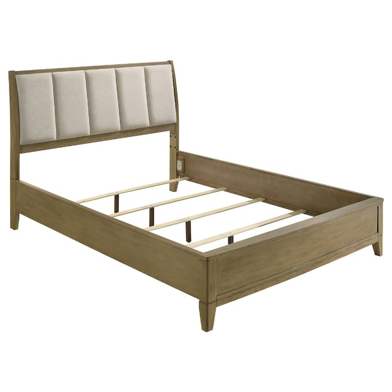 Heon 5pc Queen Bedroom Set, Beige Tufted Headboard, Natural Brown