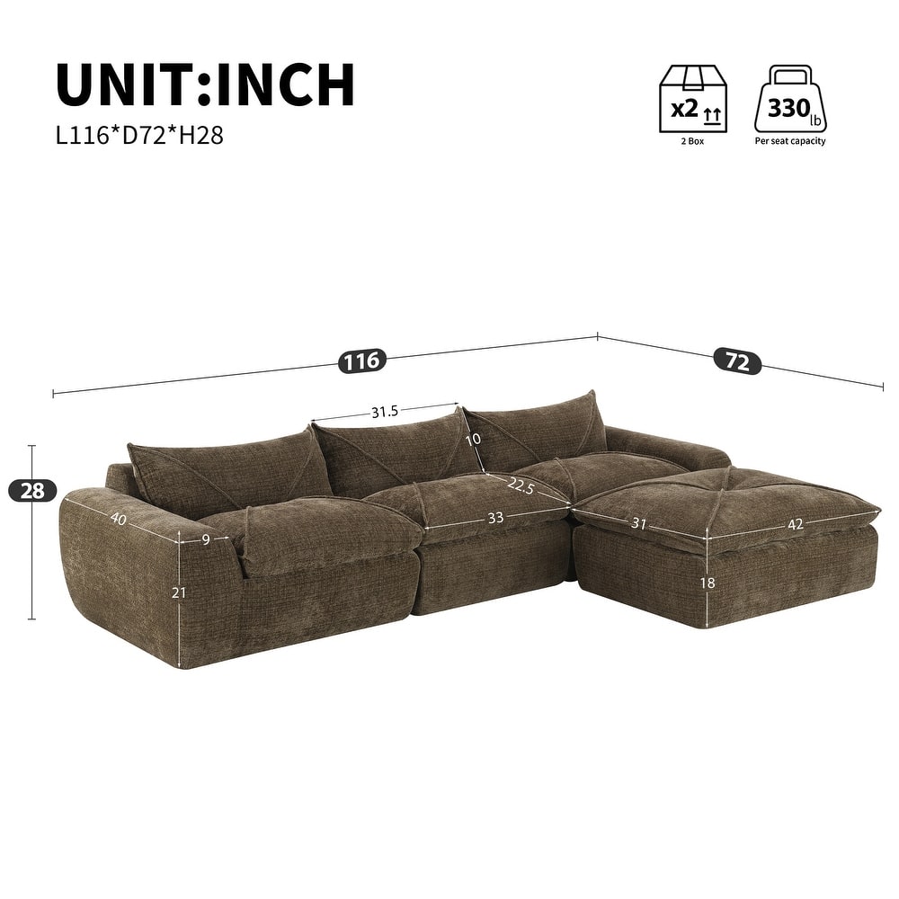 L-Shape Sectional Sofa with Ottoman, Chenille Sofa with Integrated Backrest & Seat Cushion, Fully Compressed Foam 4 Seat Sofa