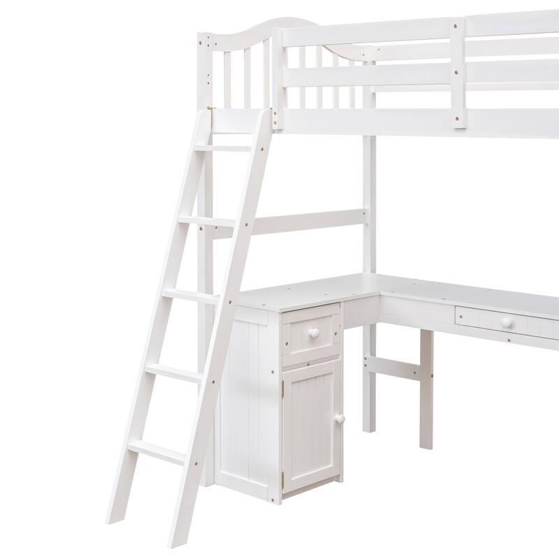 Loft Bed with Drawers, Cabinet, Shelves and Desk, Wooden Loft Bed with Desk