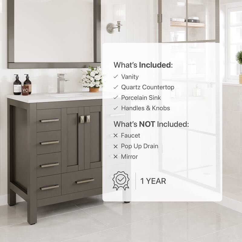 Eviva Hampton 36"W x 18"D Bath Vanity with Carrara Quartz Top