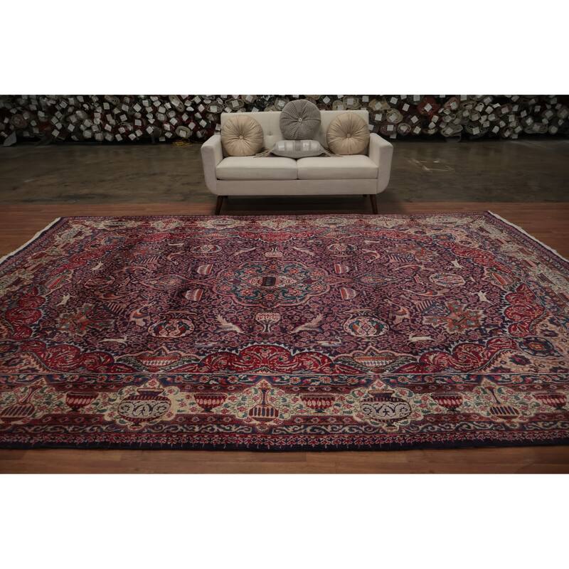 Hand Knotted Oriental 100% Wool Carpet Traditional Floral Navy Blue & Blues Kashmar Area Rug - 12' 10'' X 9' 4''
