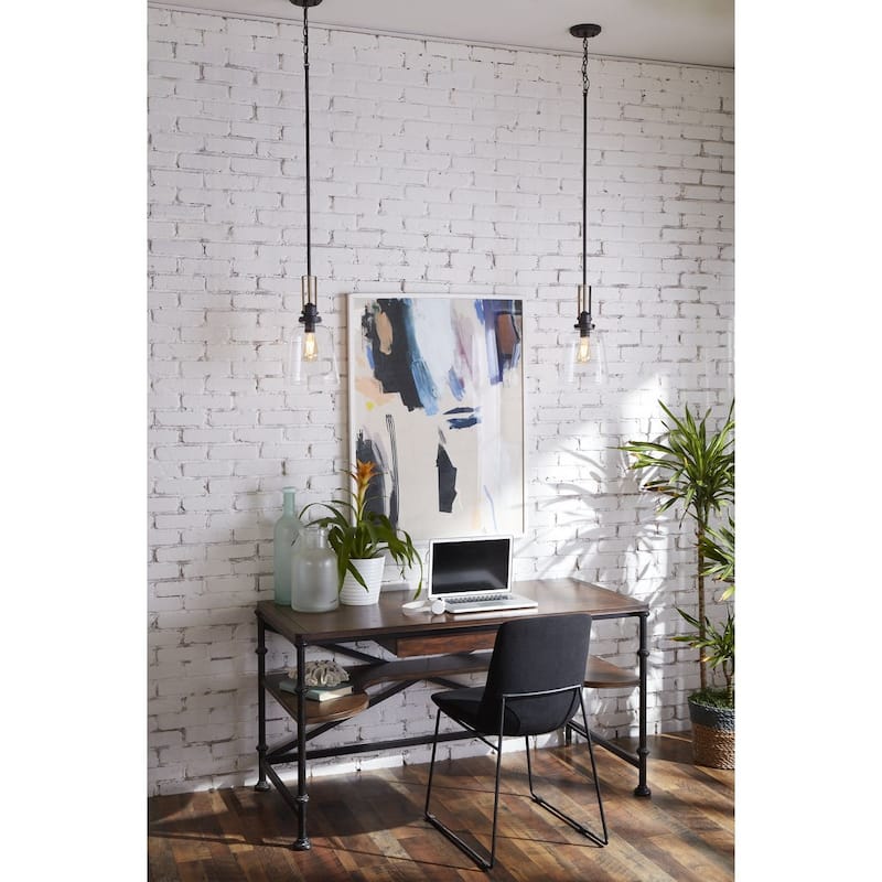 Rushton Collection 1-Light Graphite Clear Glass Industrial Pendant Hanging Light - 8.5 in x 8.5 in x 16.87 in