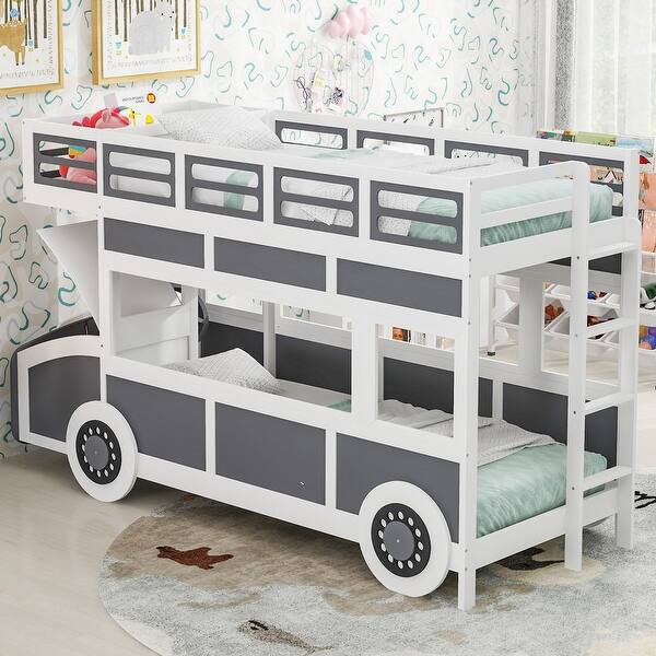 slide 2 of 19, Twin Over Twin Bus-Shaped Bunk Bed with Wheels, Wood Storage Bunk Bed Frame with Wood Slats Support for Boys Girls Kids Toddler Grey+White - Twin