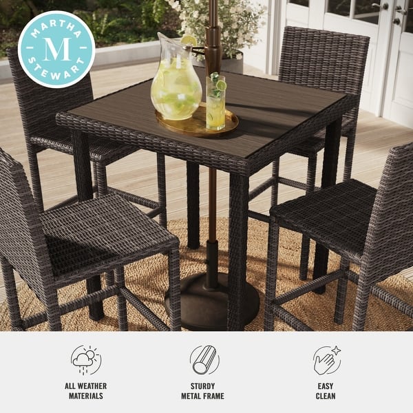 dimension image slide 1 of 5, Martha Stewart 5-Piece Outdoor Rattan Wicker Patio Set with 4 Bar Stools, Bar Height Table - 19"W x 22.5"D x 46"H
