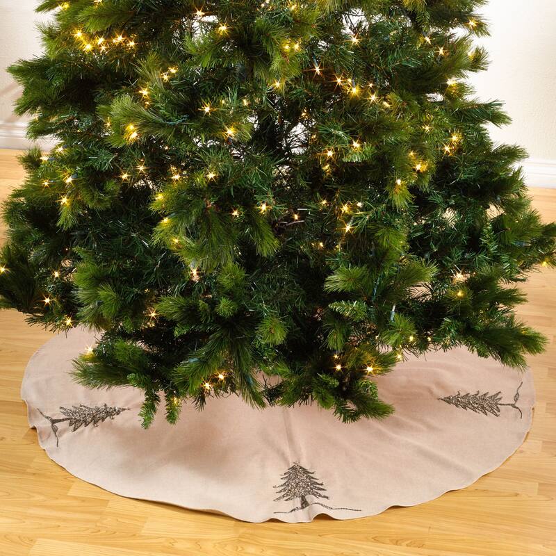 Cotton Tree Skirt With Beaded Christmas Tree Design - 72"x72" - Silver-Tree Skirt