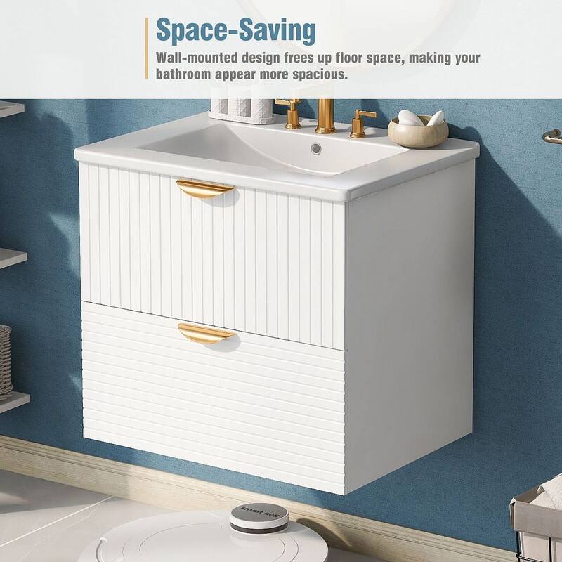 24” Modern Wall Mounted Bathroom Vanity with Ceramic Sink and 2 Drawers