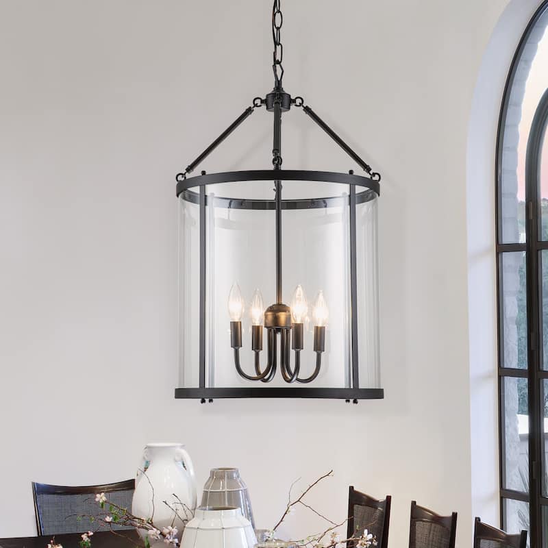 4 - Light Farmhouse Lantern Glass Drum Chandelier for Entryway - Clear Glass - Black