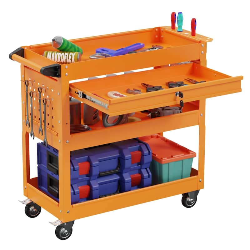 3-Tier Rolling Tool Cart on Wheels for Mechanics with Utility Drawer