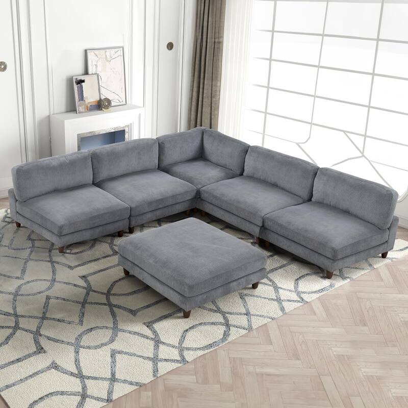 Furniture of America Sienta Modern 6-Piece Corduroy Modular Sectional with Ottoman - Grey