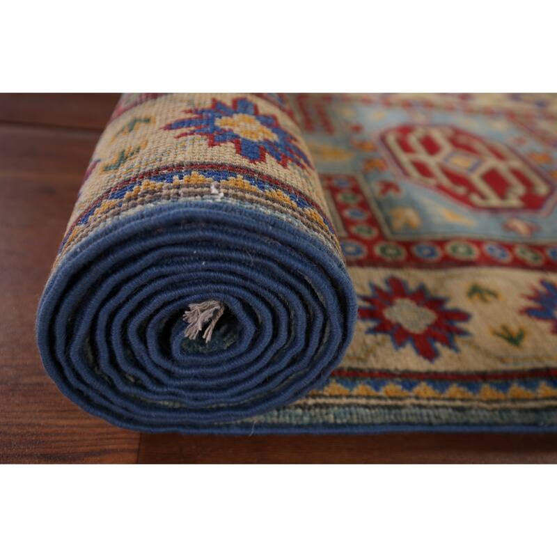 Light Blue Geometric Kazak Runner Rug Hand-Knotted Wool Carpet - 2'7" x 20'8"