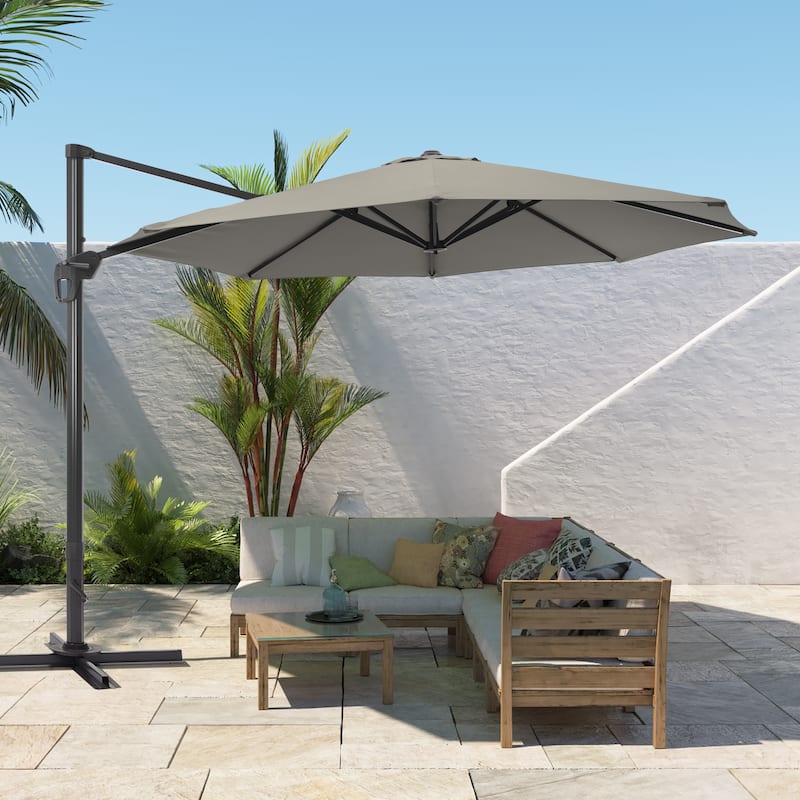 BONOSUKI 11FT LED Cantilever Patio Umbrella 360 Rotation w/Cross Base - Gray