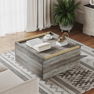 Farmhouse Wood Square Coffee Table with Hidden Storage Gold Metal ...