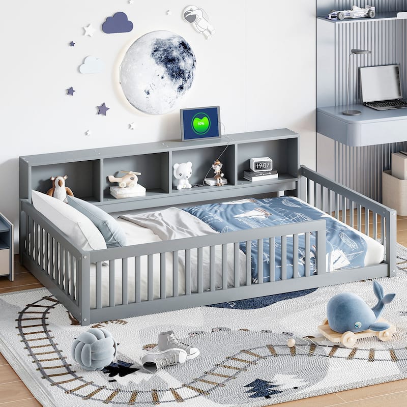 Wood Twin XL Size Floor Bed with Storage and USB Ports