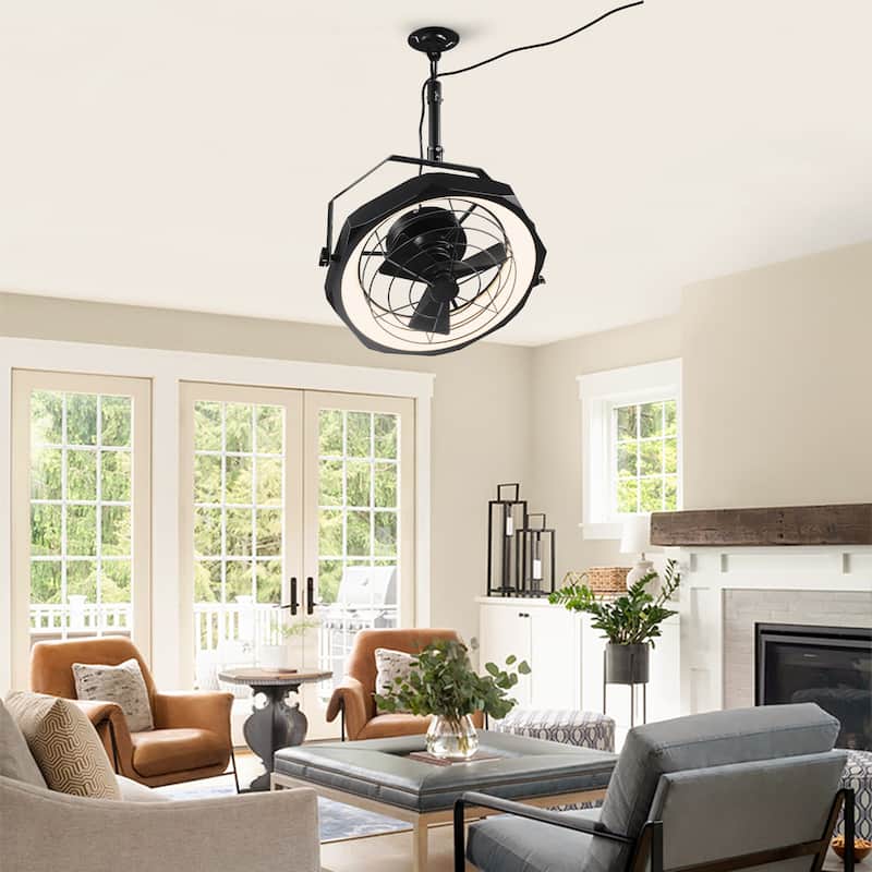 20" Industrial Black Integrated LED Caged Ceiling Fan Wall Mounted Fan with Light