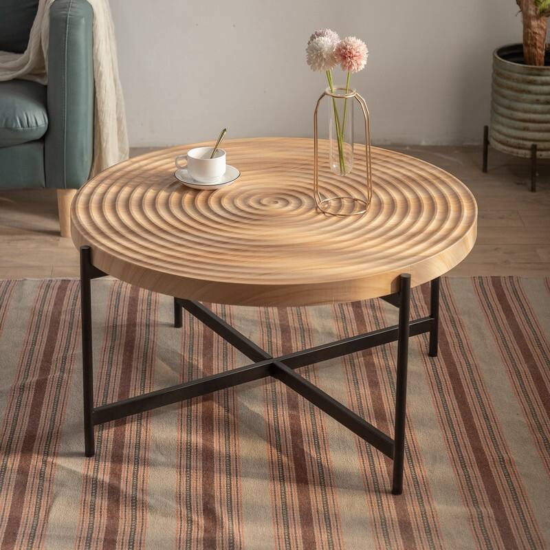 Boho Farmhouse Living Room Coffee Table Round Natural Finish with