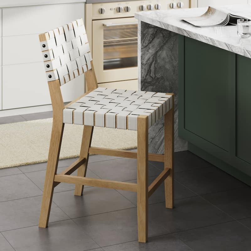Cohen Mid Century Modern Bar Stool, Upholstered Woven Faux Leather Counter Stool with Back and Solid Wood Legs - Single - Off-White/Light Oak