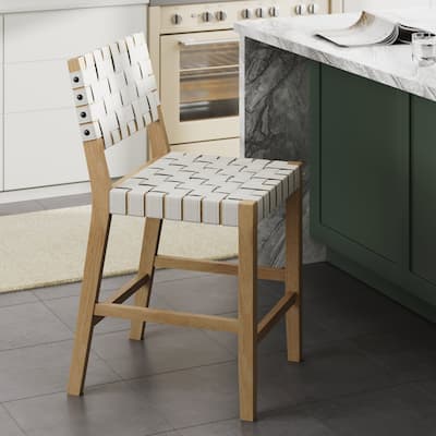 Cohen Mid Century Modern Bar Stool, Upholstered Woven Faux Leather Counter Stool with Back and Solid Wood Legs