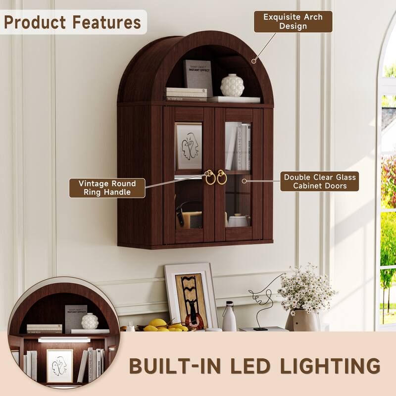 Wall Mounted Arched Cabinet with Glass Doors, Light and Adjustable Shelves for Laundry Room, Bathroom, Kitchen