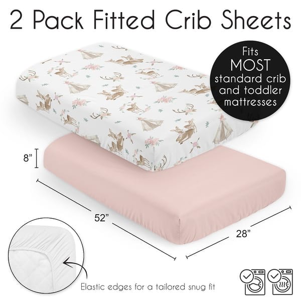Sweet Jojo Designs Woodland Deer Floral Girl 2 Pack Fitted Crib Sheets Pink Boho Bohemian Watercolor Forest Animal Shabby Chic