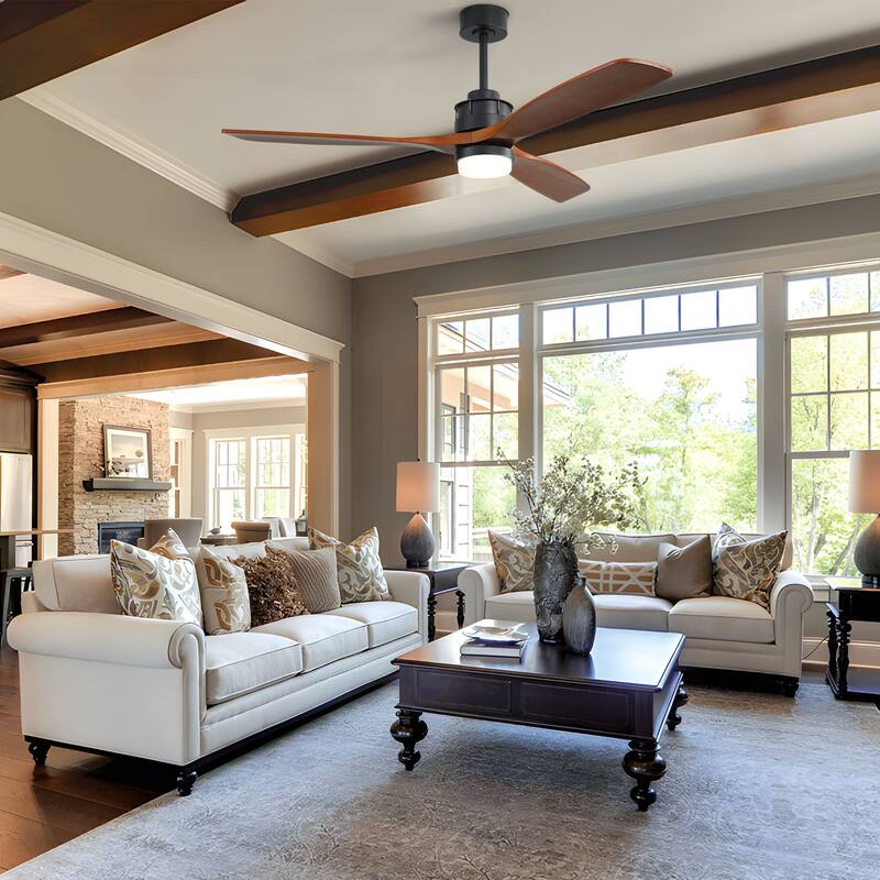 Sofucor 60Inch Ceiling Fan Solid Wood Blades with Light Remote Control,Indoor/Outdoor with Reversible DC Motor for Bedroom Patio