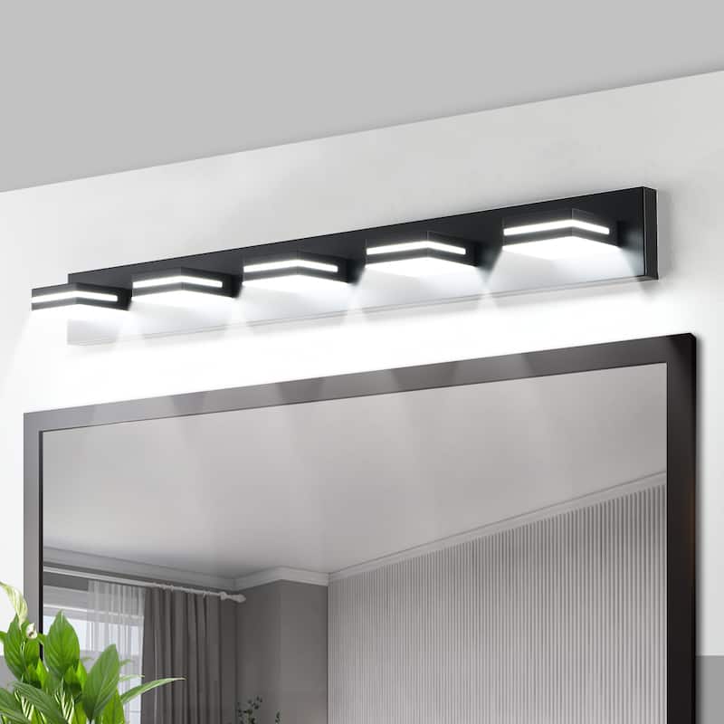 Modern Black LED Vanity Light, 5-Lights Wall Sconce for Bathroom and Mirror, Sleek Minimalist Design, Energy-Efficient