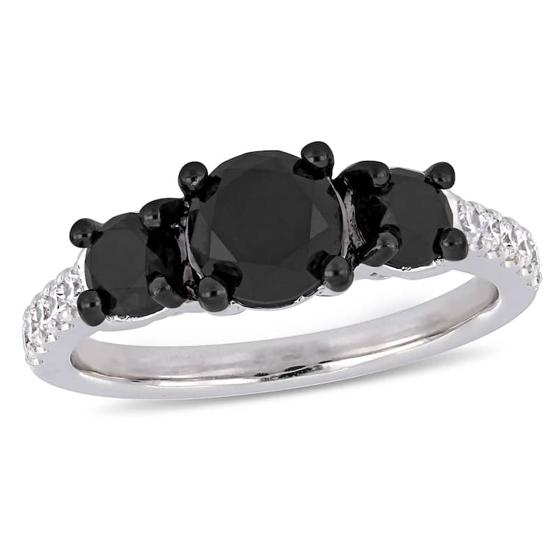 Miadora 2ct TDW Black White Diamond 3-Stone Engagement Ring in 14k White Gold