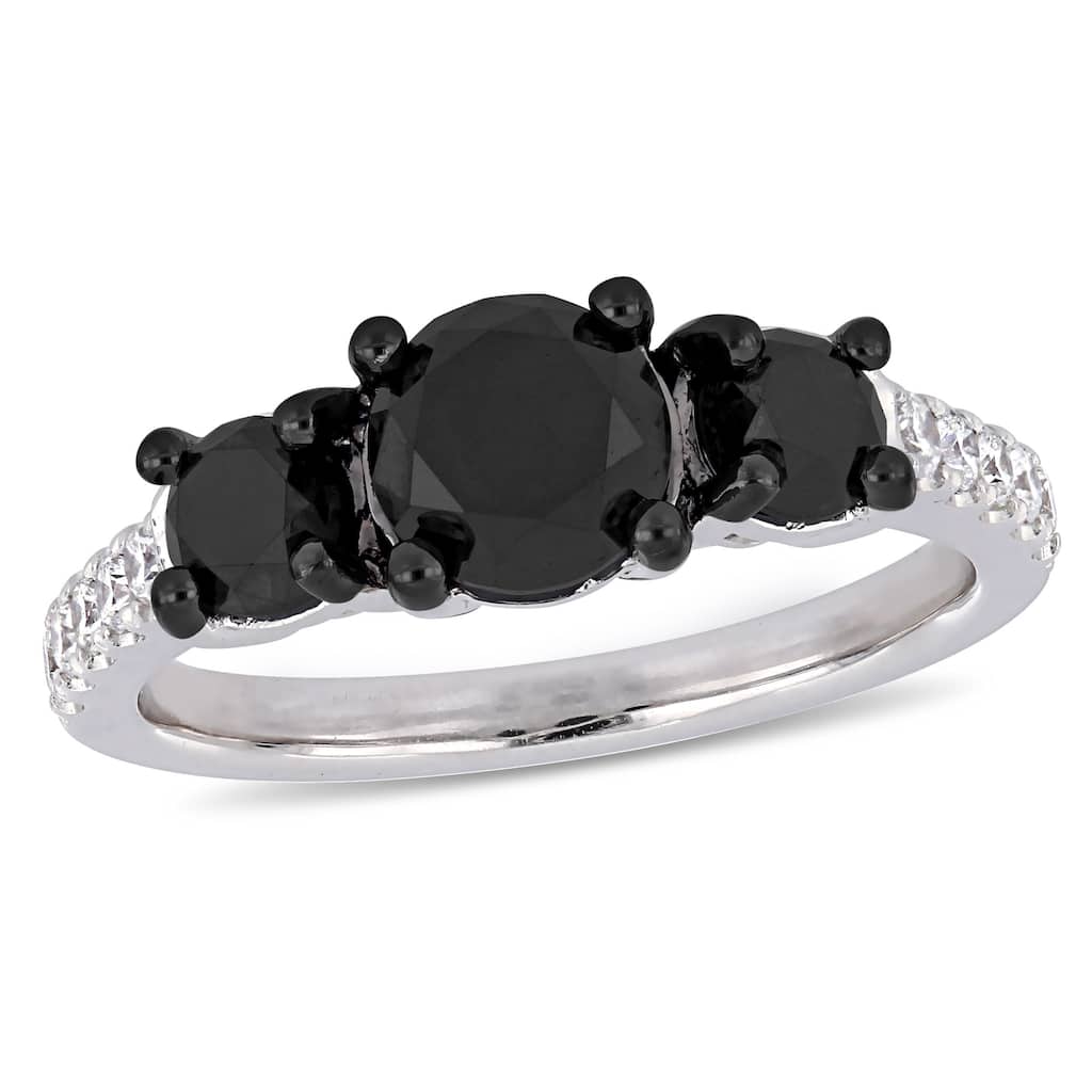 Miadora 2ct TDW Black White Diamond 3-Stone Engagement Ring in 14k White Gold
