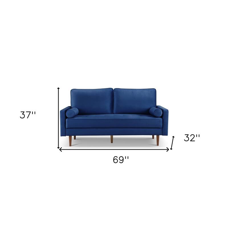 HomeRoots 69" Blue Velvet Sofa And Toss Pillows With Dark Brown Legs - 69