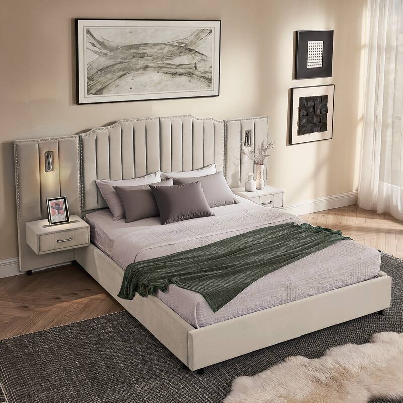 Queen Size Upholstered Bed Frame , Vertical Stripe Design with Buttons Around Platform Bed with Headboard