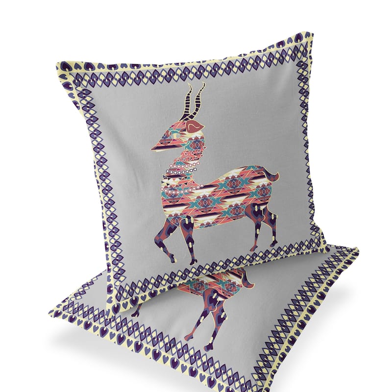 HomeRoots Set of Two 16" X 16" Gray and Purple Deer Blown Seam Animal Print Indoor Outdoor Throw Pillow