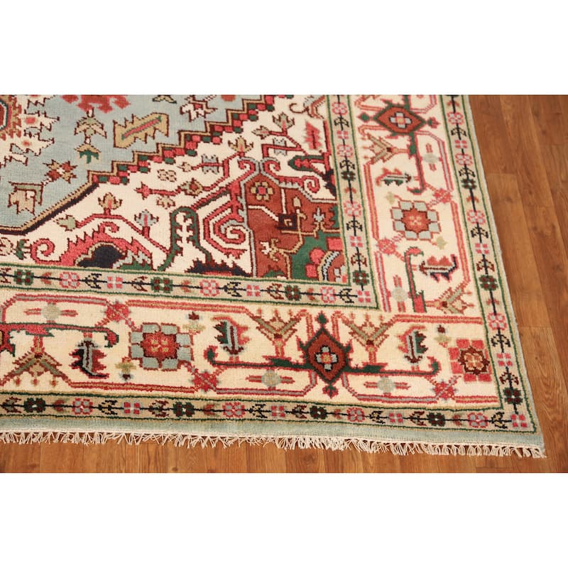 Light Blue Medallion Heriz Serapi Indian Rug Hand-Knotted Wool Carpet - 7'11" x 9'10"