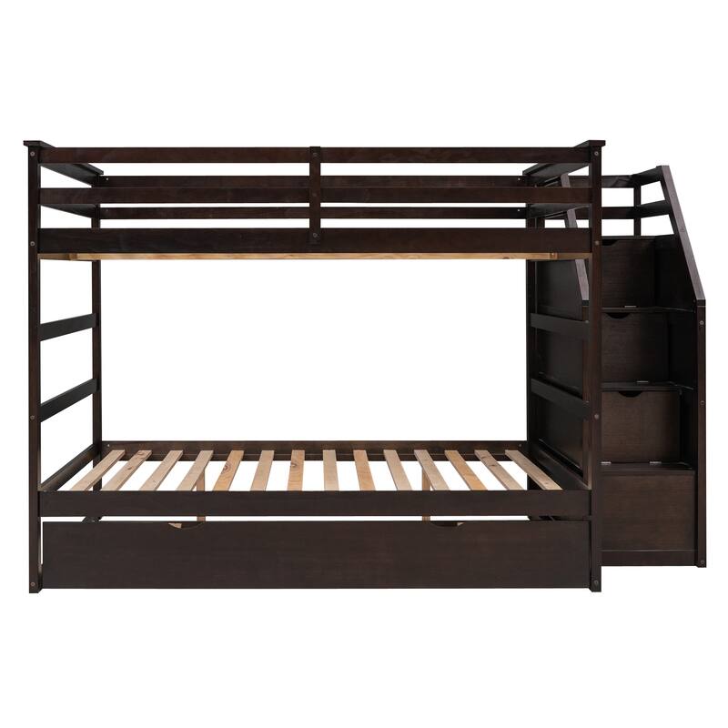 Bunk Bed with Trundle with Safety Guardrail and 3 Storage Stairs, Triple Bunk Multifunctional Space-Saving Solution for Bedroom