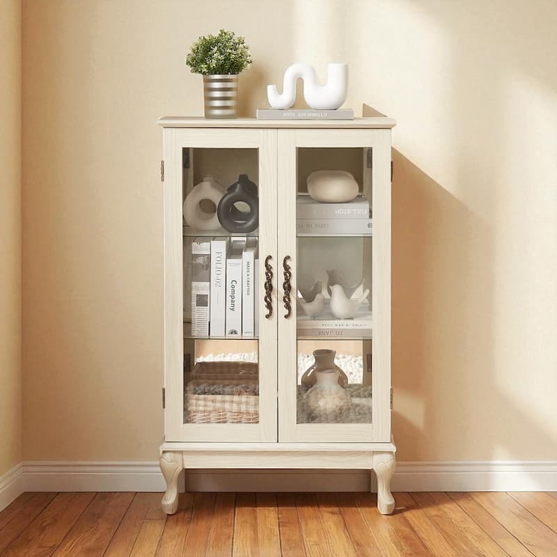 Elegant Curio Cabinet with LED Light, Tempered Glass Doors, Adjustable Shelves & Mirrored Back - Antique Display Storage - White