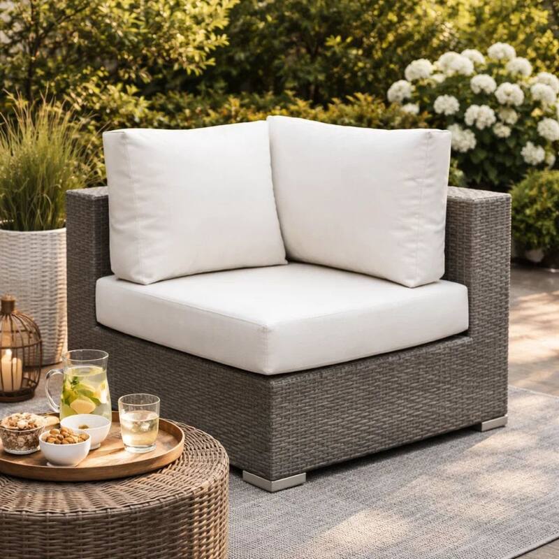 Faux Rattan Corner Chair with Seat & Back Cushions, Brown & White