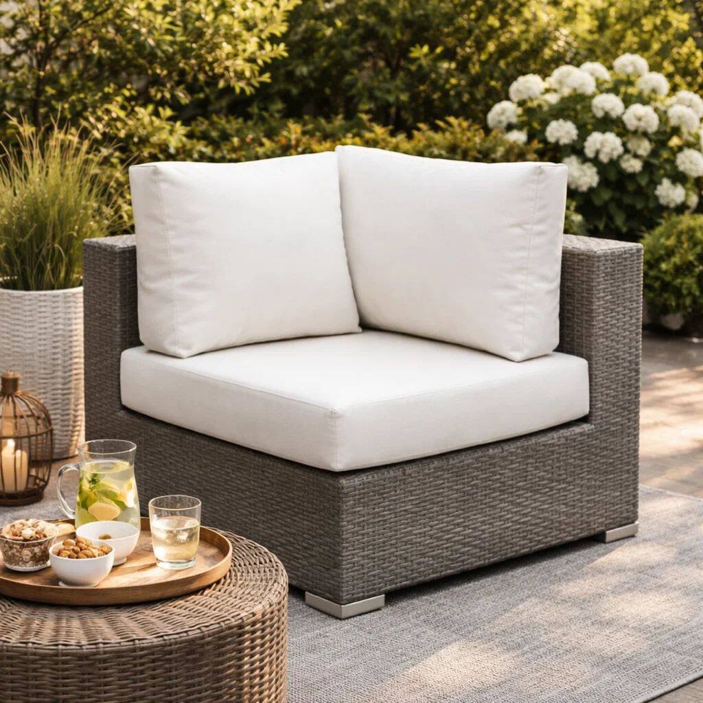 Faux Rattan Corner Chair with Seat & Back Cushions, Brown & White