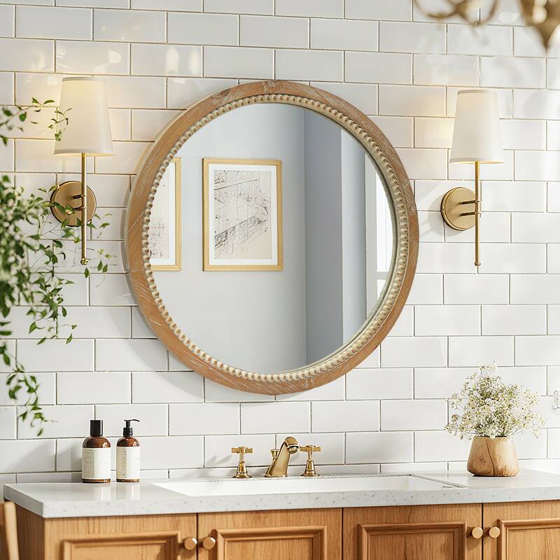 Round Distressed Wood Beaded Wall Mirror - Natural Wood