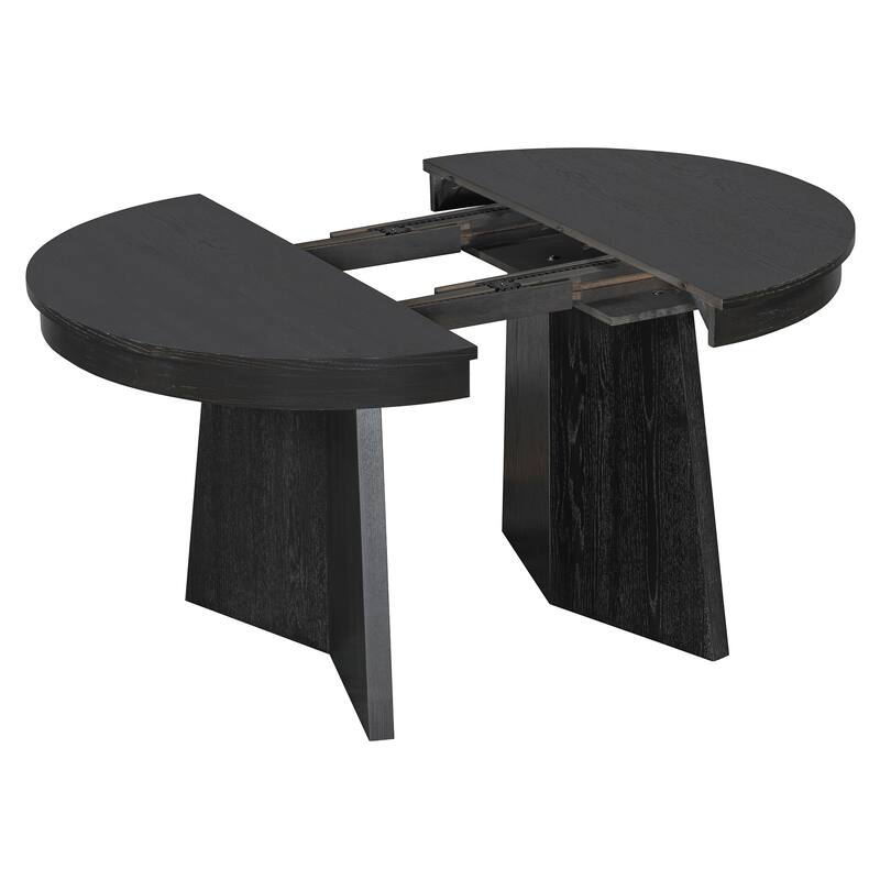 5 Piece Solid Wood Round Dining Table Set, Kitchen Extendable Dining Table Set with 4 Upholstered Chairs with Rattan Backrests