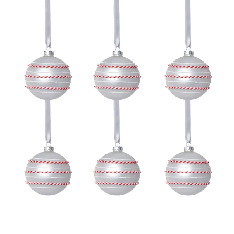 Matte Glass Ball Ornaments with White & Red Rope, Set of 6, 3.25"