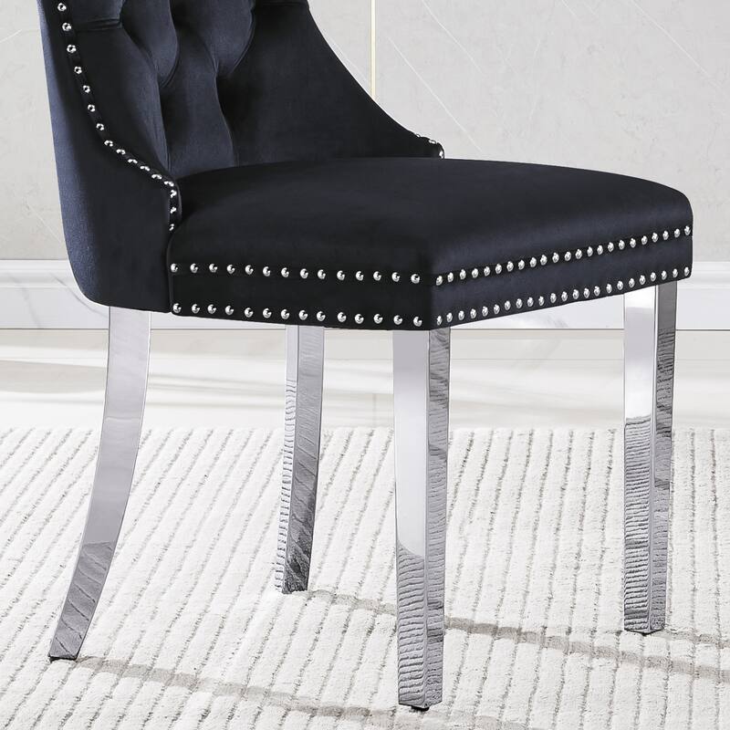 Stylish Black Velvet Dining Chairs with Silver Mirrored Finish Legs - Set of 2, 19.7"L x 24"D x 36.2"H, Chic Dining Room