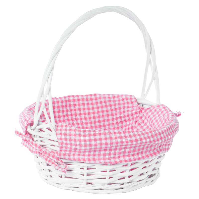 White Round Willow Gift Basket, with Gingham Liner and Handle - Small - Pink