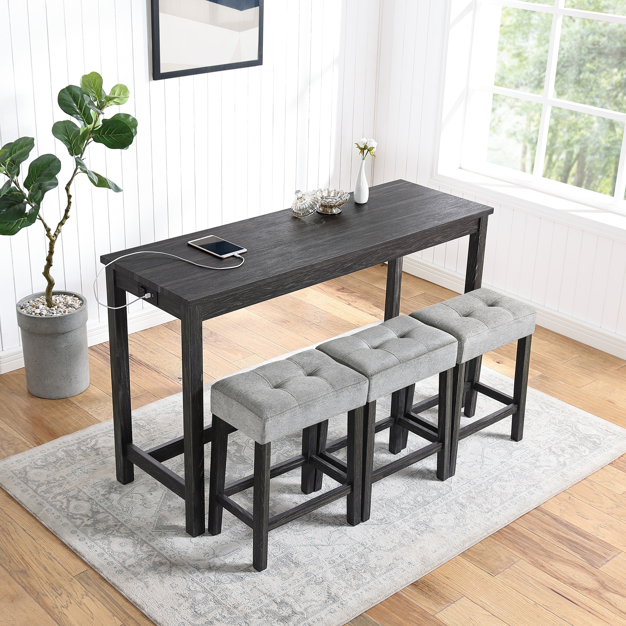 4 Piece Dining Table Set, Bar Table Set with Power Outlet, Bar Table and Chairs Set, Breakfast Table Set