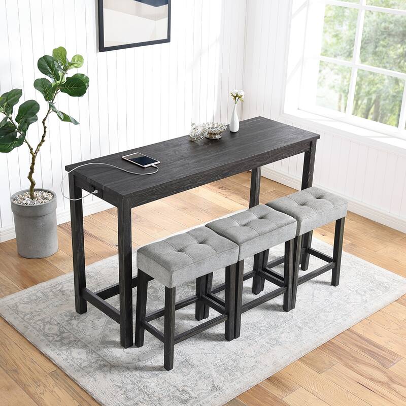 4 Piece Dining Table Set, Bar Table Set with Power Outlet, Bar Table and Chairs Set, Breakfast Table Set - Black+ Gray