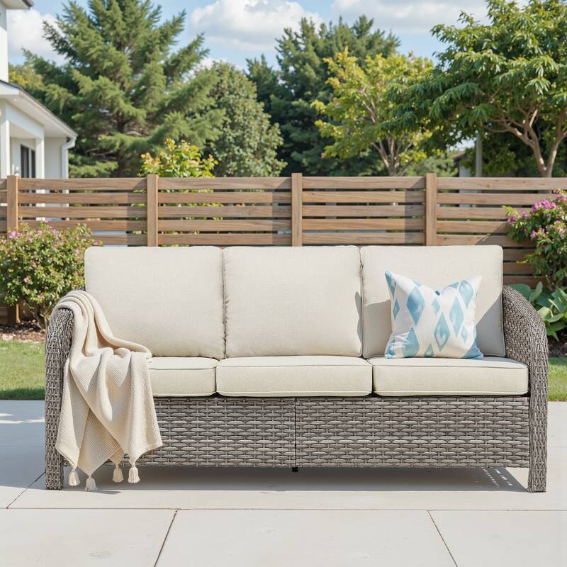 Pocassy Outdoor Patio Furniture Wicker Sofa Chair Set - Light Grey Wicker Beige Cushion - Only Sofa
