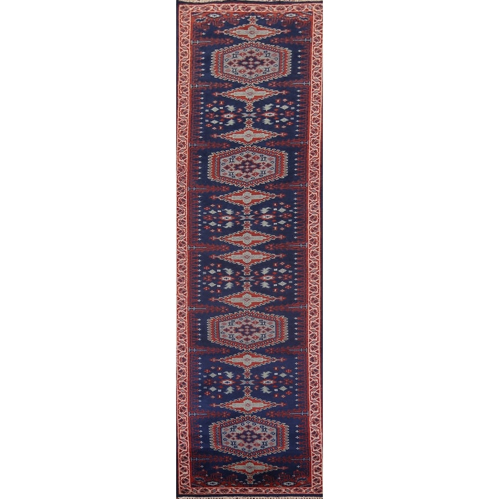 Blue Geometric Viss Oriental Runner Rug Handmade Wool Carpet - 2'7"x 11'10"