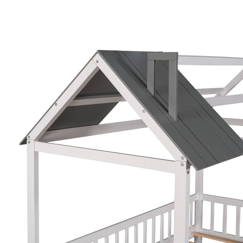 Pine House Platform Bed with Roof and Fence