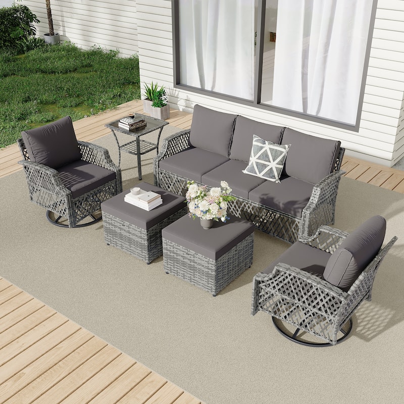 Outdoor Wicker Patio Set w Swivel Chairs & Sofa, Ottomans and Tables, Modular 3/5/6/7-Piece, All-Weather Conversation Set.